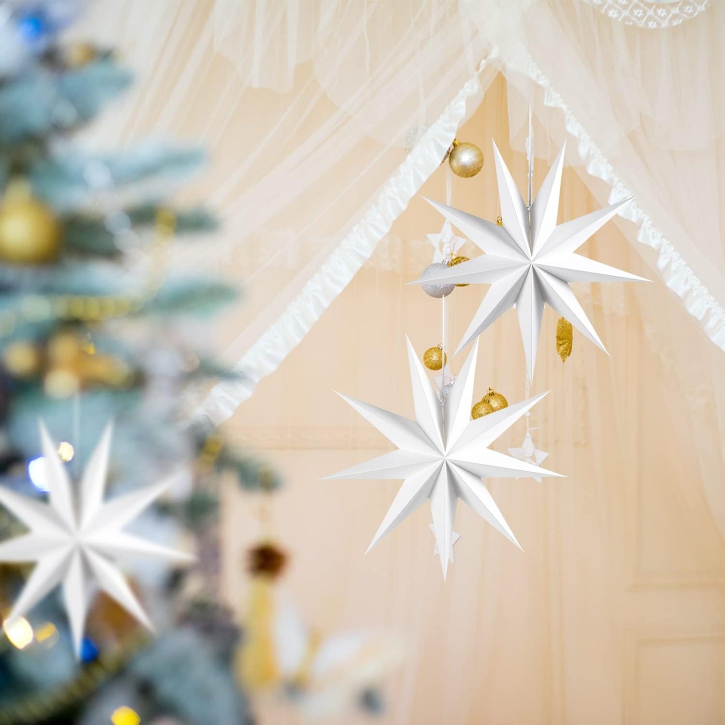 Easy Joy 3Pcs 9-Pointed Paper Star Lanterns 12 Inch Hanging Lampshade Wedding Birthday Christmas Home Party Decoration