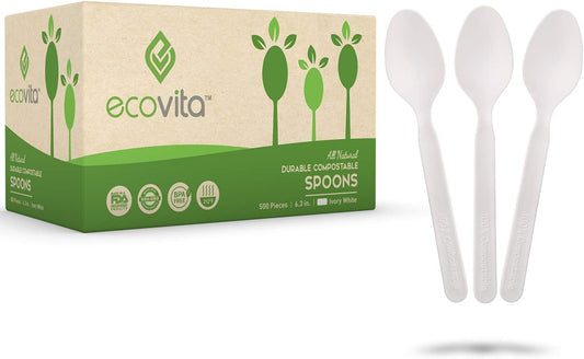 Ecovita 100% Compostable Spoons - 500 Large Disposable Utensils (6.5 in.) Bulk Size Eco Friendly Durable and Heat Resistant Alternative to Plastic Spoons with Convenient Tray