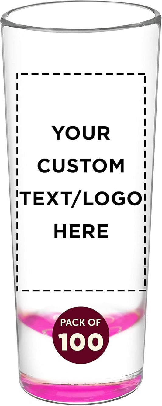 Custom Cordial Shooter Shot Glasses 2 oz. Set of 100, Personalized Bulk Pack - Great for Birthdays, Parties, Indoor & Outdoor Events - Pink