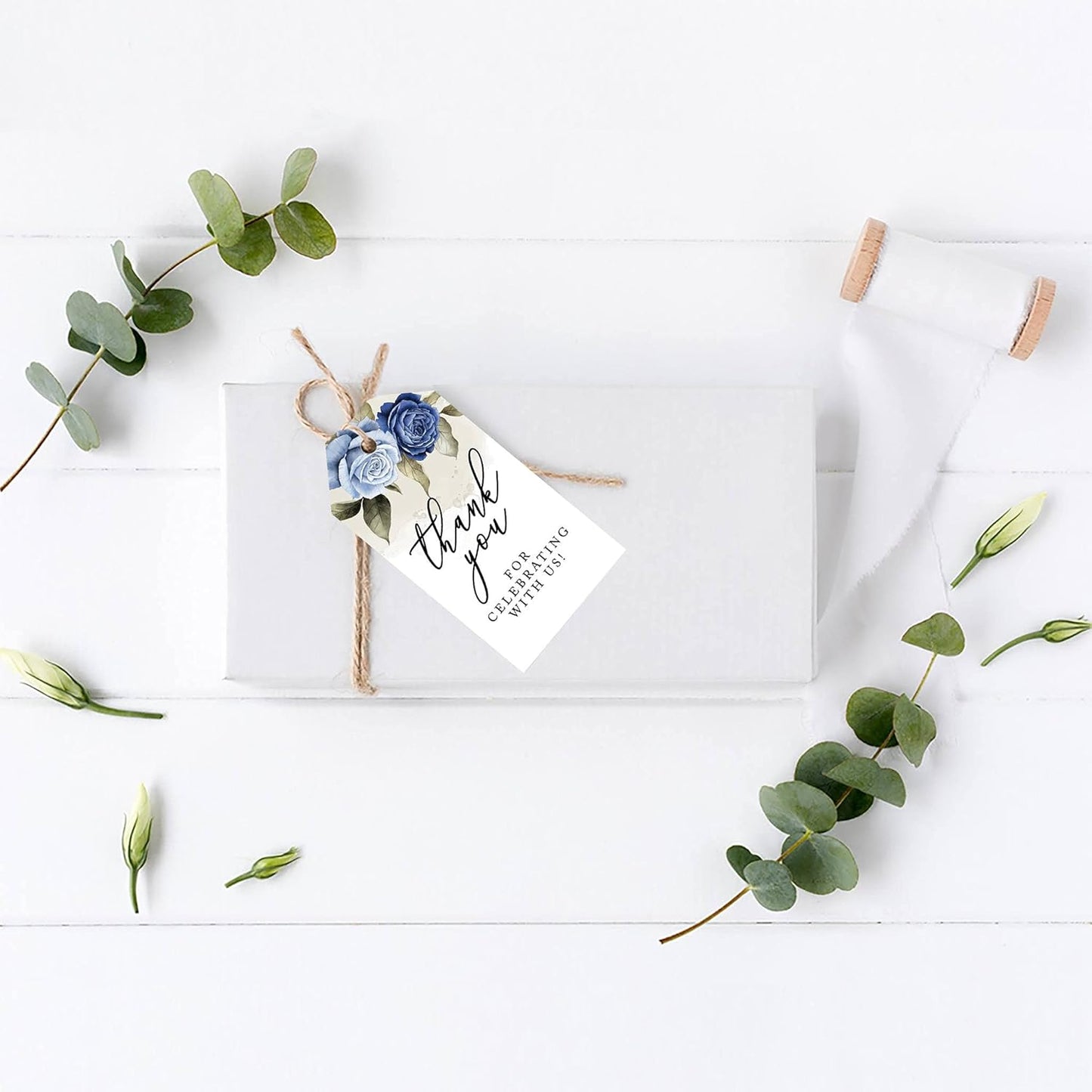 Andaz Press 100-Pack Thank You For Celebrating With Us Favor Tags Icy Blue Roses Cardstock Gift Tags with Bakers Twine for Wedding Baby Shower Bridal Shower Birthday Party Favors 2 x 3.75-Inches