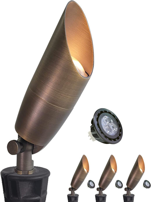 MALORY Solid Brass Landscape Spotlight 4-Pack with Bulb(S06), Low Voltage Front and Backyard Landscape Lighting with Large Rugged Slot Spike & Wire Connector,12V AC/DC Garden Patio Spot Up Light