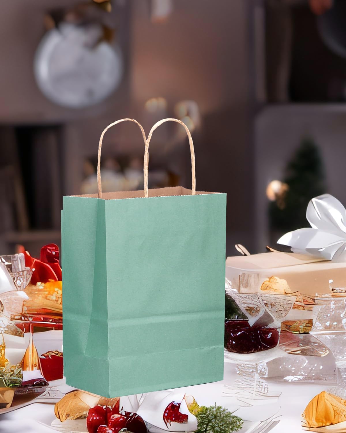 qiqee 50-Packs Gift Bag with Handles Bulk Kraft Light Blue Paper Bags Multiple Uses (8.3"x3"x6"inch Small Size)