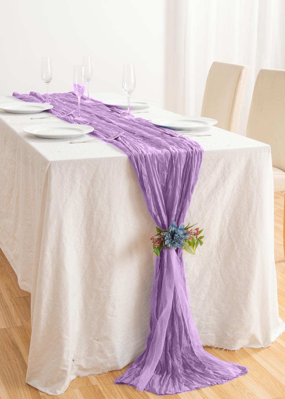 12 Pack Lavender 10 Ft Cheesecloth Table Runner 20x120 Inch Boho Wrinkled Sheer Romantic Gauze Decor for Wedding, Bridal Shower, Birthday Party