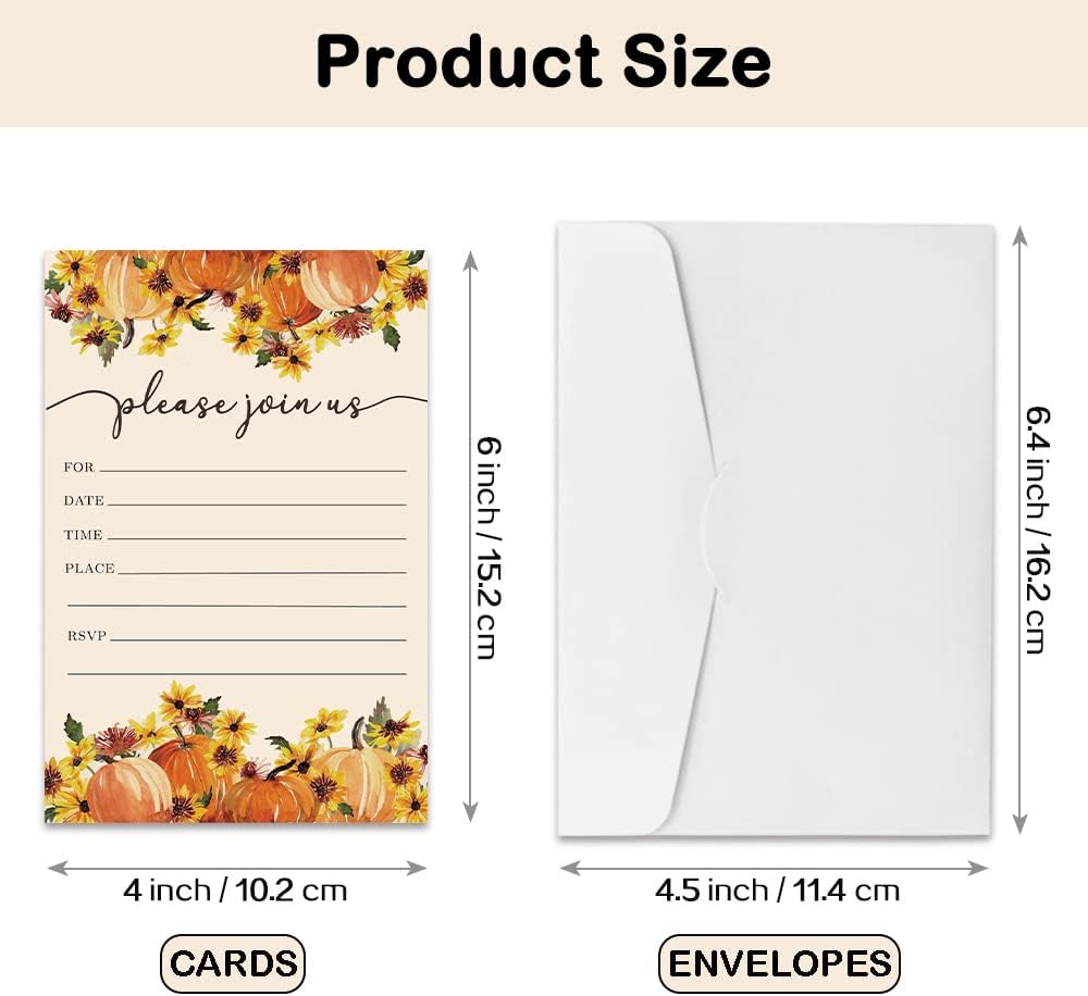REWIDPARTY Thanksgiving Party Invitation Cards with Envelopes（Set of 15） Food Feast Invites for Family Friends Fall Invitations with Pumpkin and Florals Birthday Bridal Party Fill-in Invitation cards