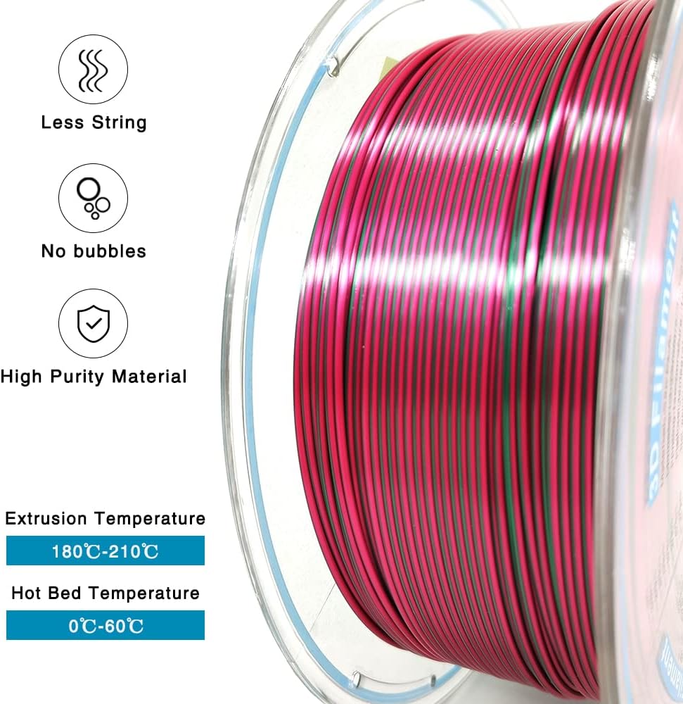 YOUSU Silk PLA Filament 1.75mm 3D Printer Filament Coextrusion Filament Dual Color, Compatible with Most of 3D Printer, Silk Purple Green Color Change PLA,1kg(2.2lbs).