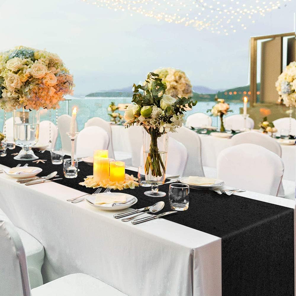 Sequin Table Runners 2 Pieces Black Table Runners 12x72Inch Glitter Dining Table Cover for Party Wedding Birthday Reception Banquet Decoration Halloween Party Chair Sashes