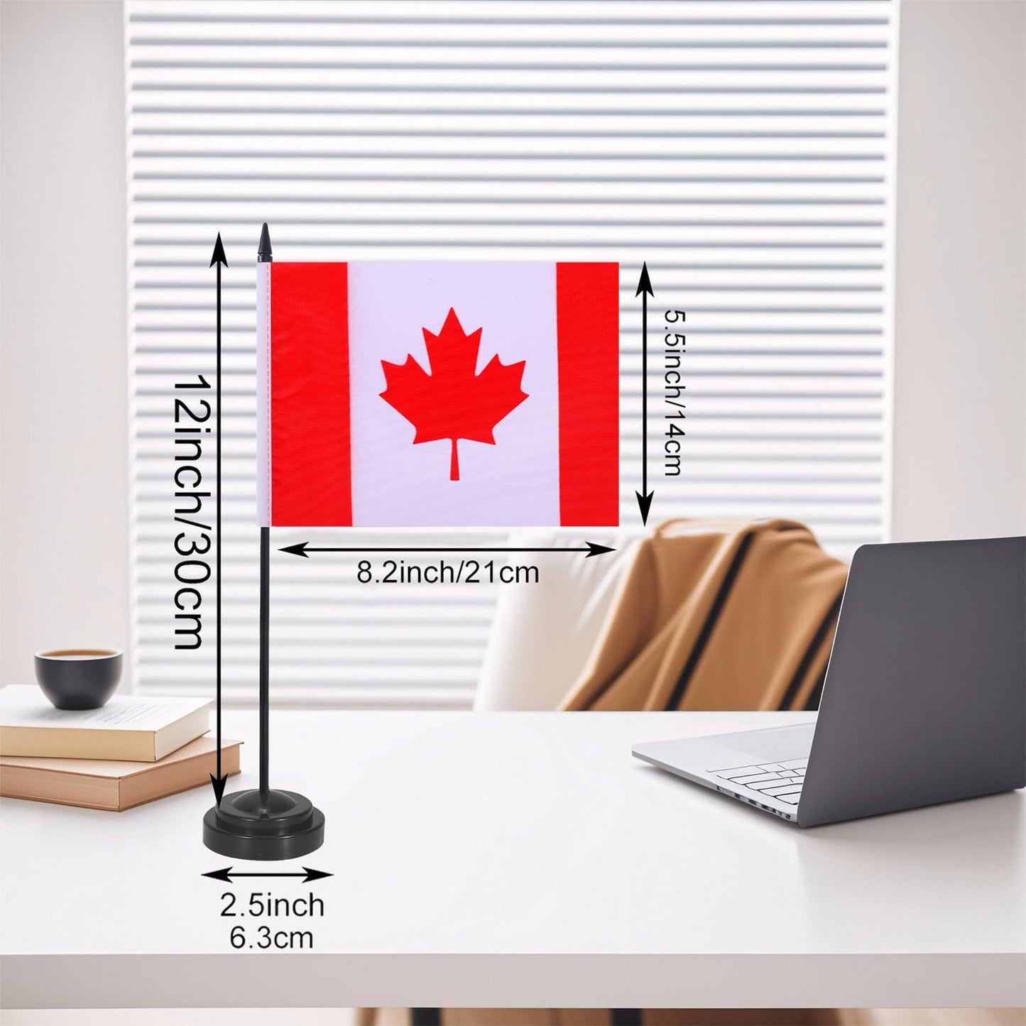 Canada Desk Flag 12" Solid Pole Deluxe Set Canadian Flags Banner Mini Small Canada Office Table Flags with Black Stand Base Desktop Decorations(2Pack)