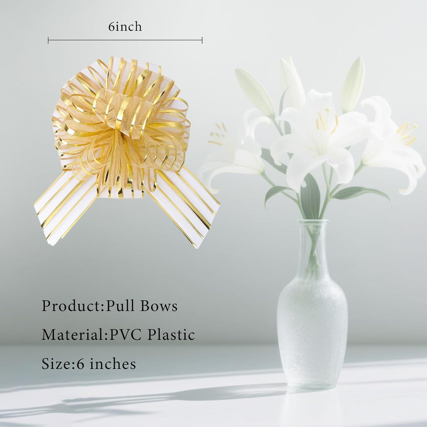 6 Pcs 6 Inch Large Organza Pull Bow Ribbon – Elegant Gift Bows for Wedding Decorations, Christmas Wrapping, Birthday Parties, Car Decor, Gift Baskets, and Valentine's Day Packaging(Golden)