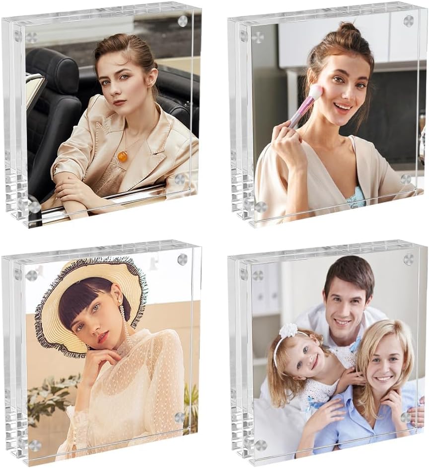 4 Pack Square Acrylic Picture Frames 4x4 Clear Photo Frame Business Card Frame Magnetic Picture Frames Desktop Display Double Sided Wallet Size Acrylic Freestand Frames