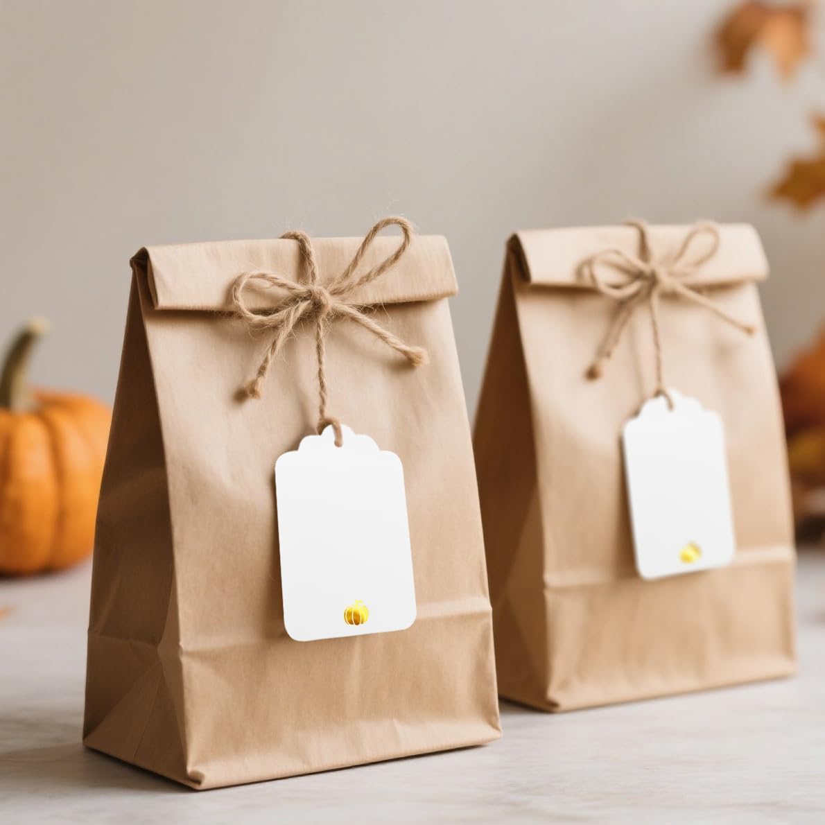 100 Pcs Blank Gift Tags with String Gold Foil Pumpkin Large White Paper Gift Tags with 65 Ft Jute Twine Cute Tags for Halloween Autumn Fall Harvest Thanksgiving Gift Wrap Tags