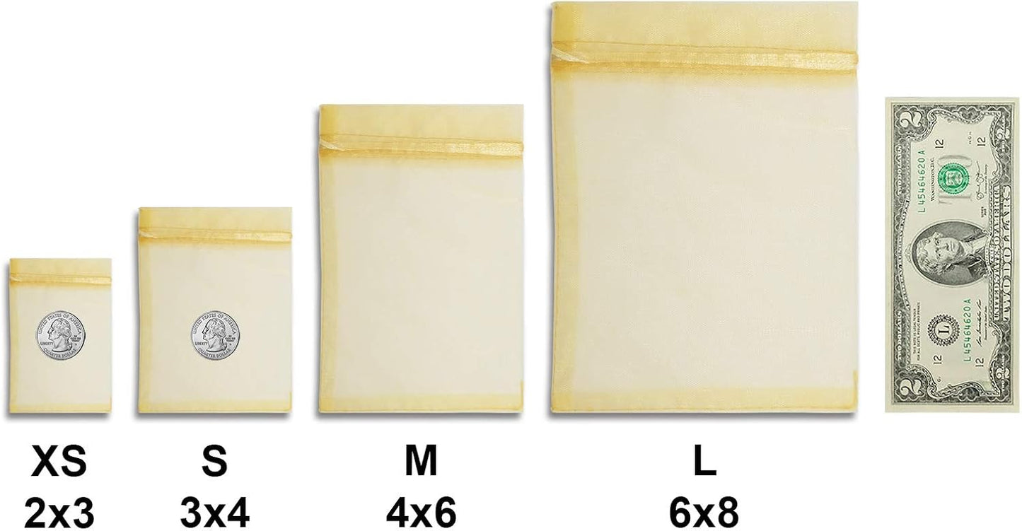 TheDisplayGuys 100-Pack XS 2 x 2 3/4" Gold Sheer Organza Gift Bags with Drawstring, Jewelry Candy Treat Wedding Party Favors Mesh Pouch