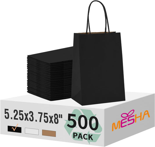 MESHA Gift Paper Bags 500 PACK 5.25x3.75x8'' Black Medium Shopping Kraft Bags Bulk with Handles Reusable for Business,Grocery,Birthday,Wedding,Kids Party,Favors