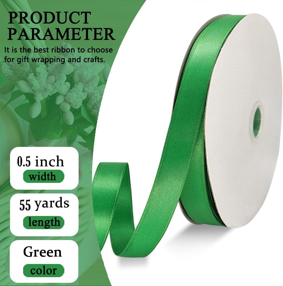 Green Satin Ribbon Double Faced Satin 1/2 inch x 55 Yards Polyester Ribbon for Gift Wrapping Crafts Wedding Decoration Bows Ornaments Party Bouquet Floral Arrangement