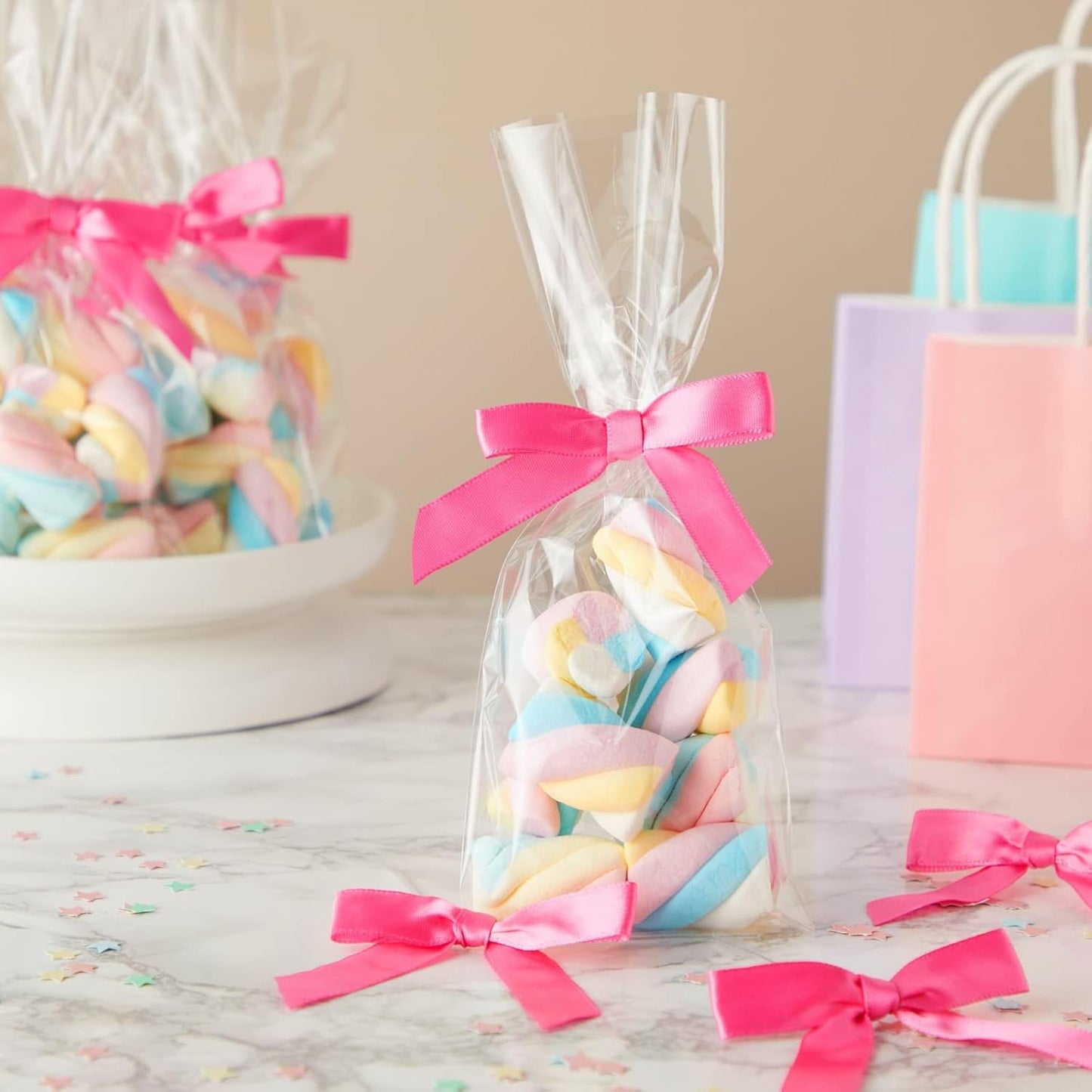 Juvale Pink Twist Tie Gift Bows - Pre-Tied Mini Bows for Crafts & Ribbon Twist Ties for Treat Bags - 100 Count, 3 x 2.5 in, Satin