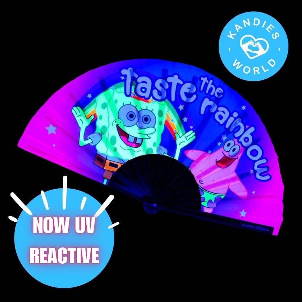 Kandies World UV Reactive Custom Festival Folding Hand Fan - Unique Designs, Made of Bamboo, Clacking Sound, Lightweight - Perfect Rave and Festival Accessory!