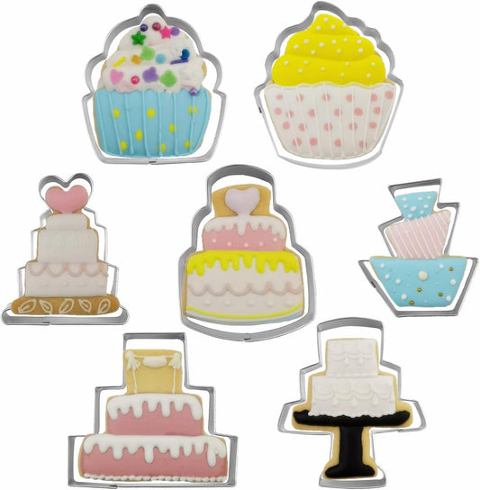 Cake Shaped Cookie Cutters Set of 7 pcs, Stainless Steel Cupcake/Birthday Cake/Wedding Cake Series Fondant Cutter Molds Baking DIY
