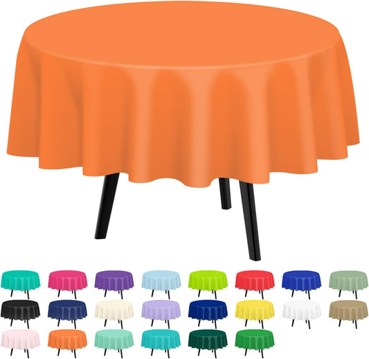 QIKSION Orange Round Tablecloth 3 Pack, 84 Inch Plastic Table Cover Disposable for Parties