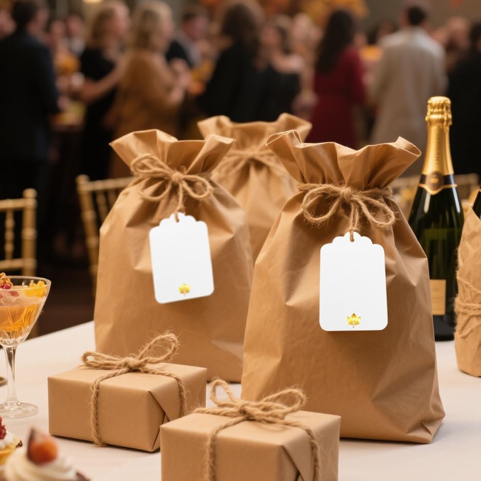 100 Pcs Blank Gift Tags with String Gold Foil Maple Leaf Fall Large Gift Tags with 65 Ft Jute Twine White Paper Cute Tags for Fall Autumn Thanksgiving Harvest Party Gift Wrap Tags