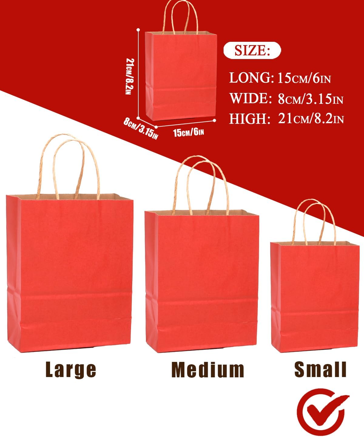 qiqee 50-Packs Gift Bag with Handles Bulk Kraft Red Paper Bags Multiple Uses (8.3"x3"x6"inch Small Size)