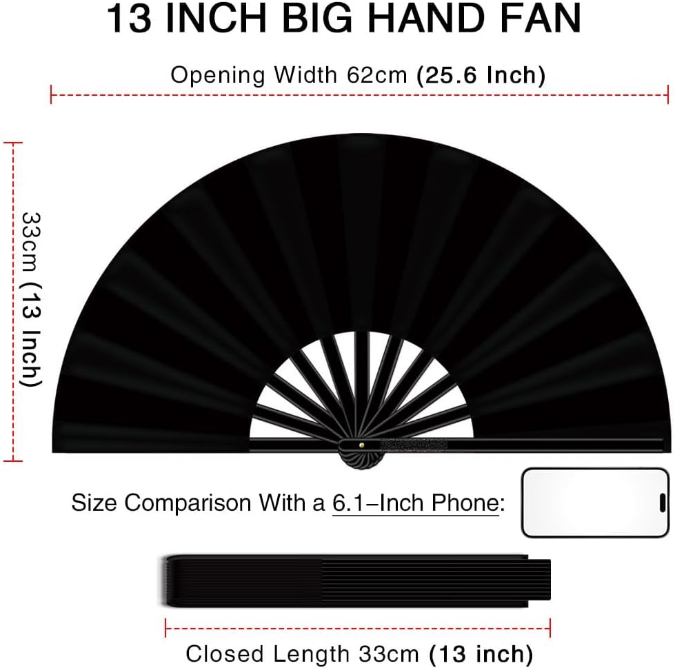 13" Large Folding Rave Fan with Holster, Clack Hand Fans Foldable for Line Dancing, Boots On The Ground Fan for Women Men Festival EDM Party Decoration, Black 2 Pack