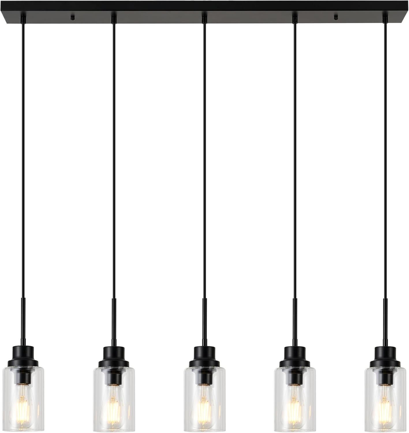 Black Dimmable Pendant Lighting for Kitchen Island, 5-Light Modern Pendant Lights for Kitchen Restaurant Living Room with Clear Glass Shade