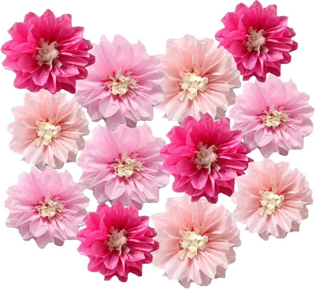 12pcs 8in 10in Paper Flowers Tissue Flowers Pom Paper Pom Poms Hanging Flowers Floral Backdrop Wedding Party Flower Decorations DIY Art Craft Blooms for Birthday Baby Shower Nursery Decor Pink