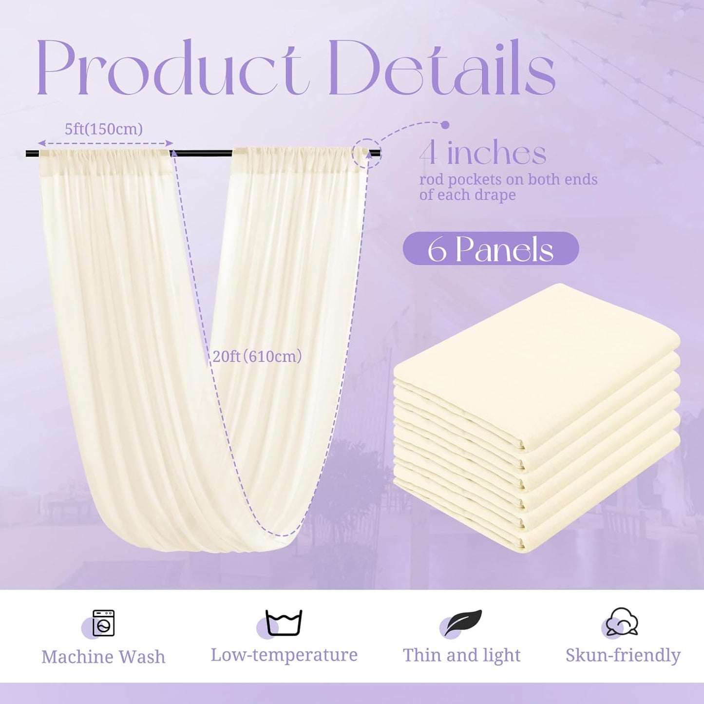 6 Panels Ivory Wedding Drapes, 5ftx20ft Cheesecloth Sheer Fabric Curtain Arch Draping Fabric for Wedding Party Ceremony Stage