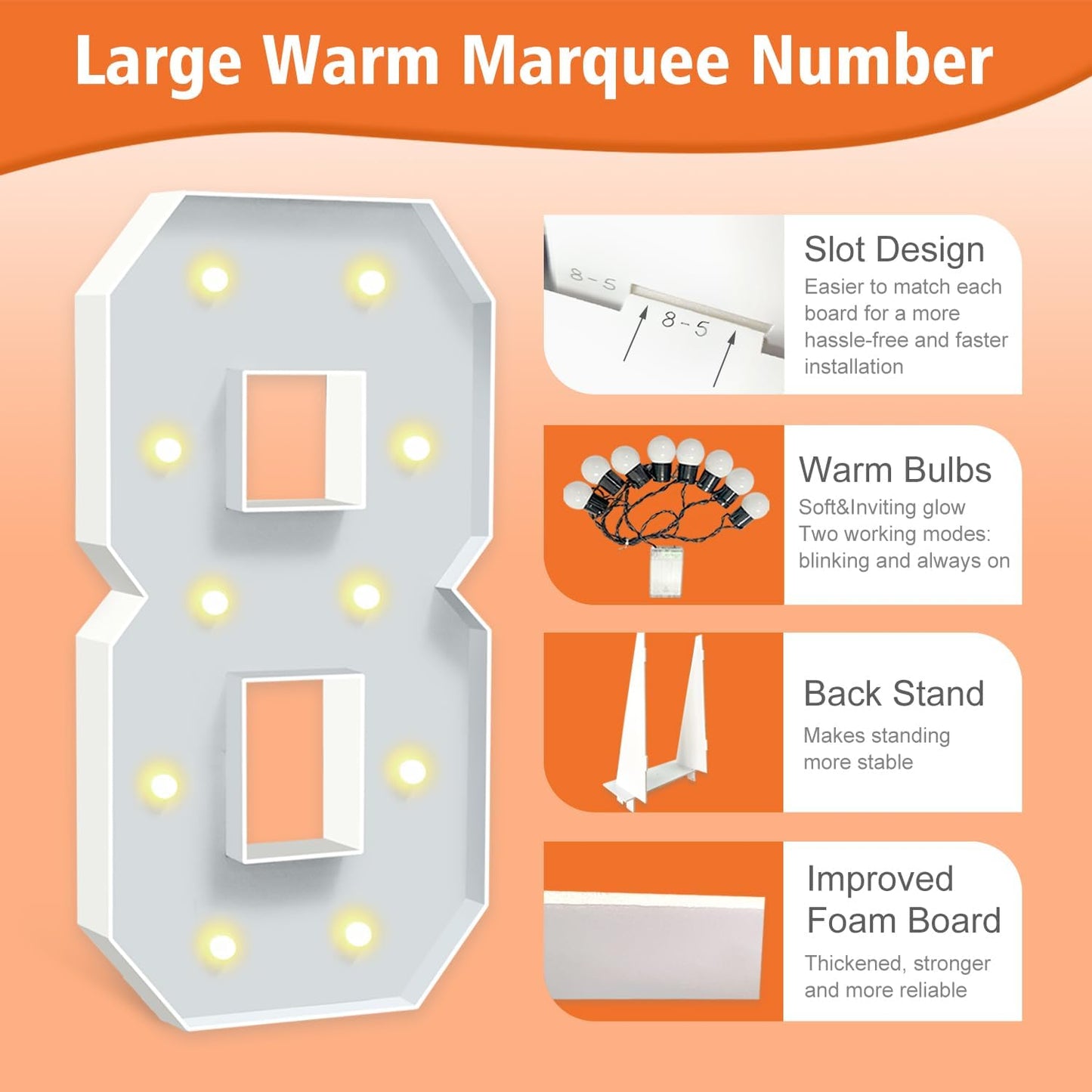 4ft Marquee Numbers, Light Up Numbers 8, 0-9 Warm Yellow LED Light Up Sign for Happy Birthday, Graduation, Wedding, Engagement, Holiday Party Background Arch Decoration