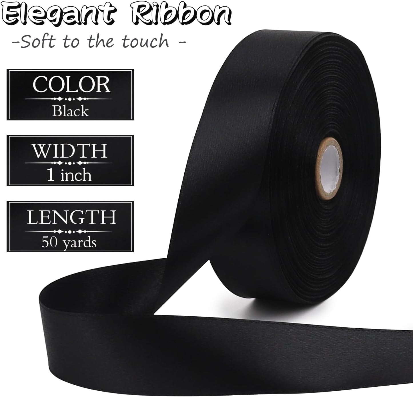 Black Solid Satin Ribbon 1 Inch 50 Yards Solid Polyester Fabric Ribbon for Gift Wrapping Wedding Christmas Baby Shower Birthday Party Decoration Handmade Immortal Flower Craft