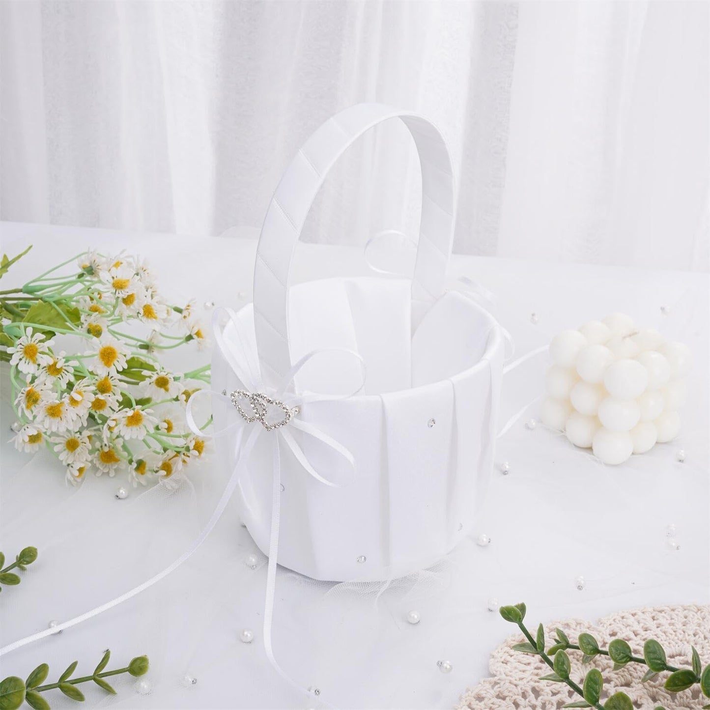 QIRMIZI Wedding Ring Pillow and Flower Girl Basket Set – Adorned with Pearl Rhinestones, White Satin,White