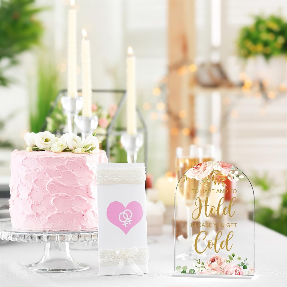 Acrylic Wedding Signs, Bridal Shower Decorations, Modern Calligraphy Arch Acrylic Table Top Sign for Wedding Reception and Engagement Parties - To Have And To Hold (Clear Pink Flowers)