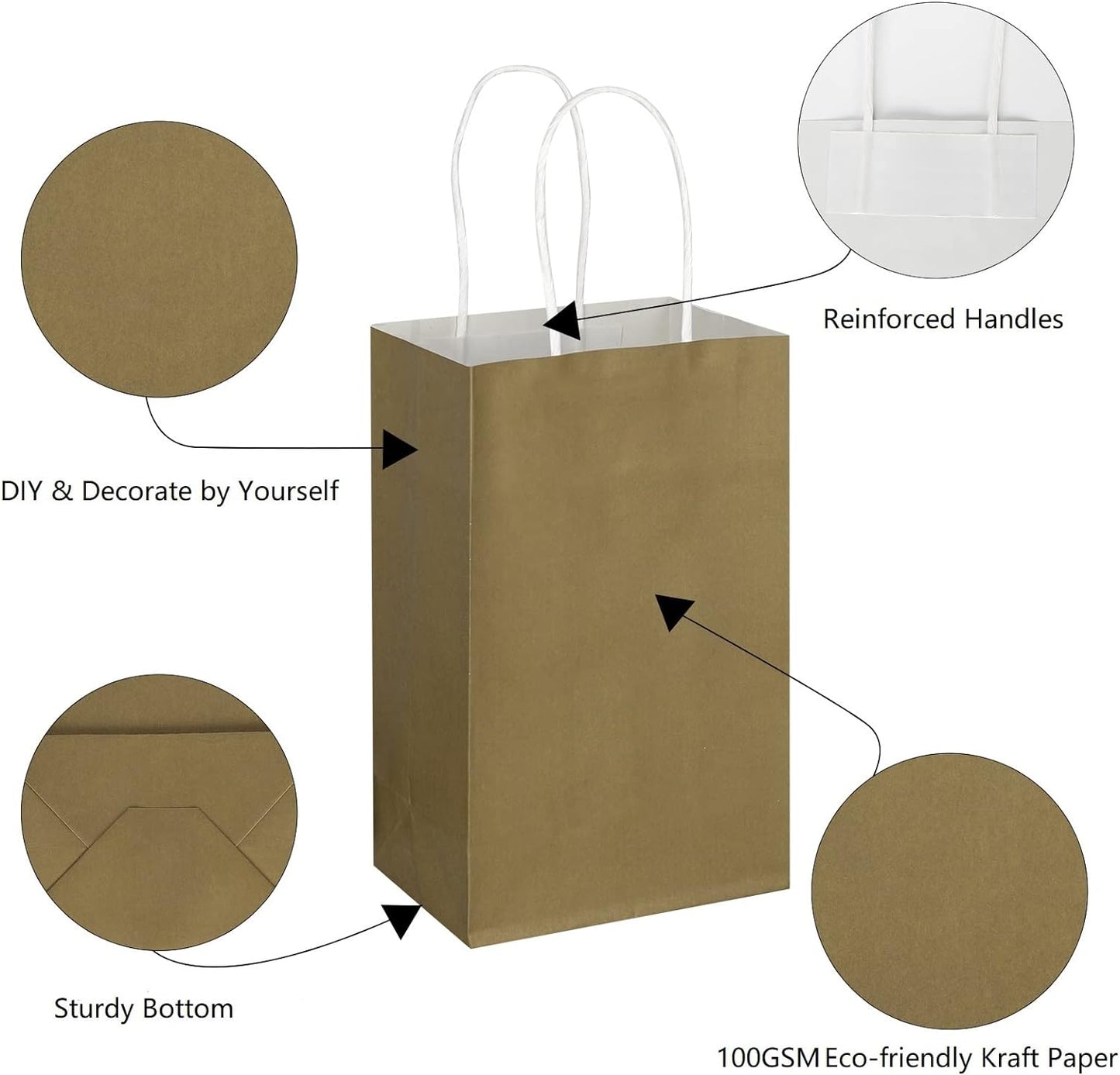 Toovip 50 Pack 5.25x3.25x8.25 Inch Small Gold Kraft Paper Bags with Handles Bulk, Gift Wrap Bags for Favor Grocery Retail Party Birthday Shopping Business Goody Craft Merchandise Take Out Cub Sacks