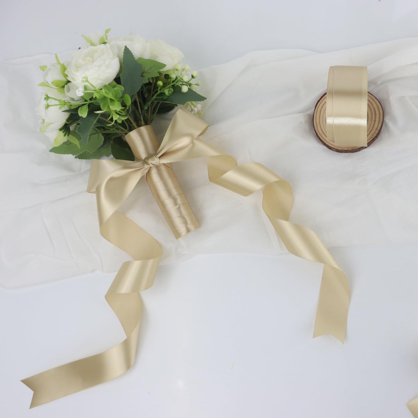 Champagne Solid Satin Ribbon 1-1/2 Inch 50 Yards Solid Polyester Fabric Ribbon for Gift Wrapping Wedding Christmas Baby Shower Birthday Party Decoration Handmade Immortal Flower Craft