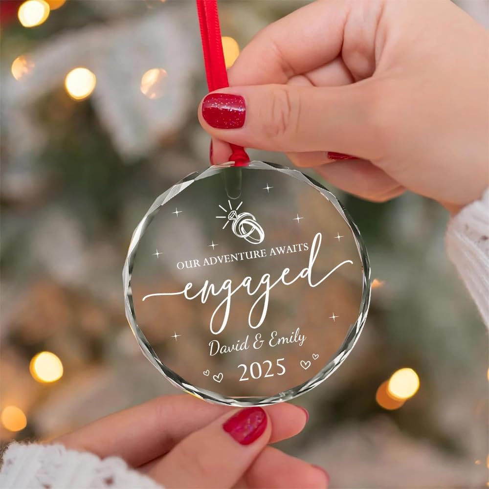 Personalized Engagement Gifts For Couples - Newly Engaged Couples Christmas Ornaments - Happy Engagement Ornament For Her, Bride, Bride To Be, Friends - Just Engaged Glass Ornament