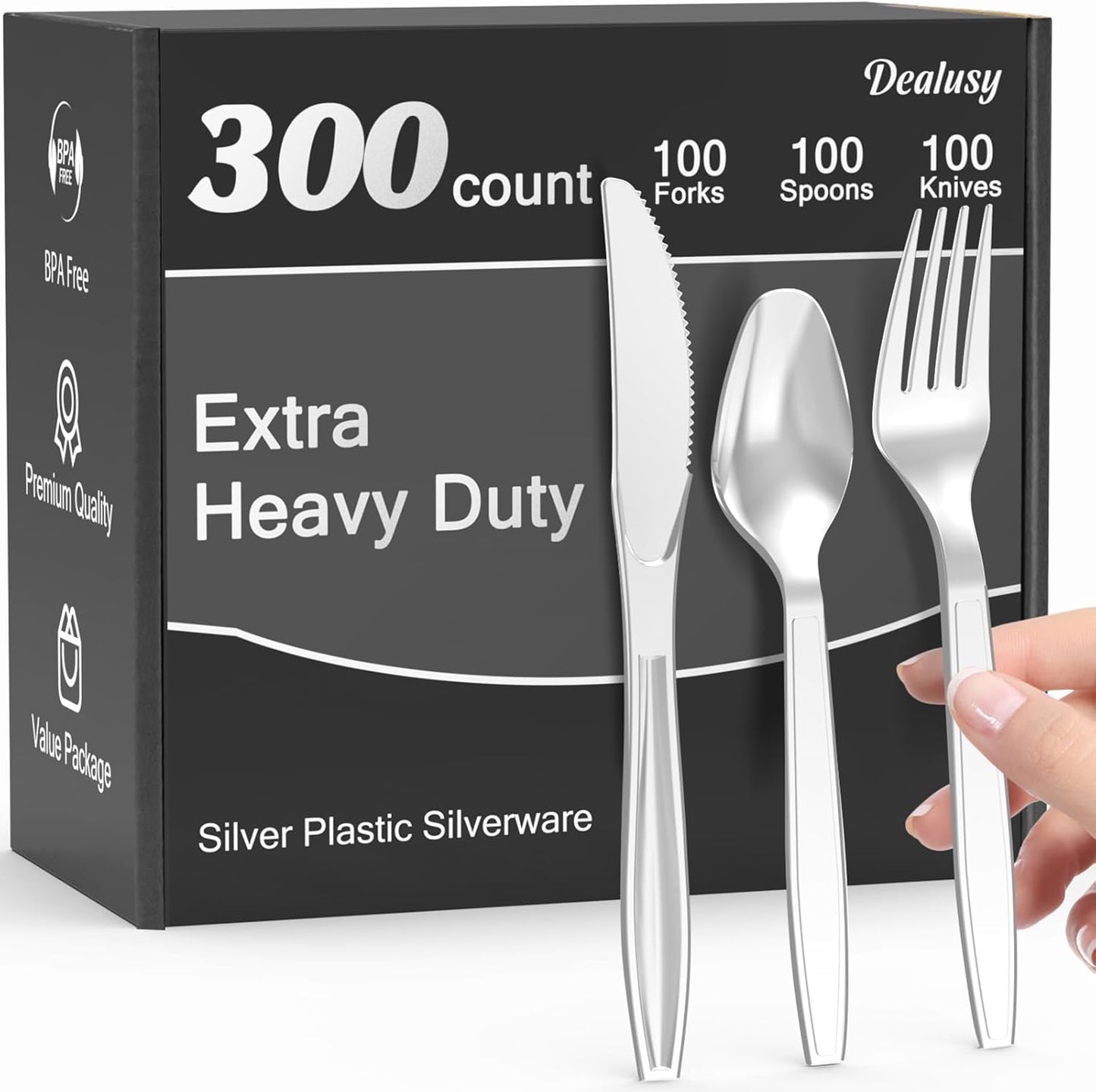 300 Count Extra Heavy Duty Silver Plastic Silverware, 100 Forks, 100 Spoons, 100 Knives, BPA-Free, Heat Resistant, Disposable Plastic Utensils Set, Plastic Cutlery Set, Plasticware Bulk