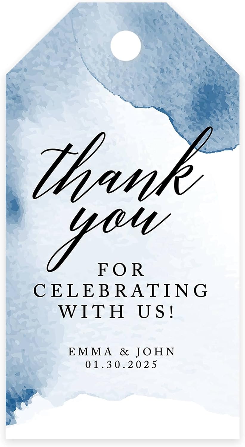 Andaz Press 100-Pack Personalized Thank You for Celebrating with Us Wedding Favor Tags with Bakers Twine Navy Blue Watercolor Custom Cardstock Wedding Gift Tags for Party Favors 2 x 3.75-Inches