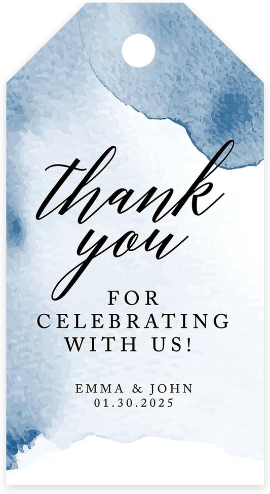 Andaz Press 100-Pack Personalized Thank You for Celebrating with Us Wedding Favor Tags with Bakers Twine Navy Blue Watercolor Custom Cardstock Wedding Gift Tags for Party Favors 2 x 3.75-Inches