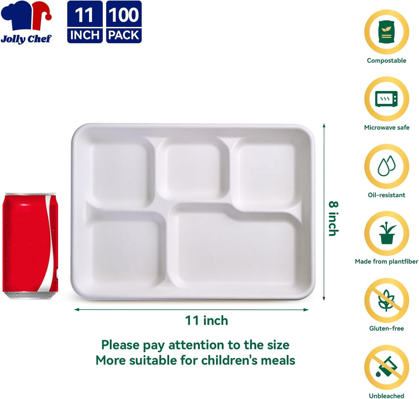 JOLLY CHEF Compostable 𝟱 Compartment Paper Plates 𝟭𝟭 * 𝟴 𝗶𝗻𝗰𝗵 [𝟭𝟬𝟬 𝗣𝗮𝗰𝗸] Heavy Duty White Divided Disposable Plate Eco-Friendly Biodegradable Containers Food Tray for Party Lunch Buffet