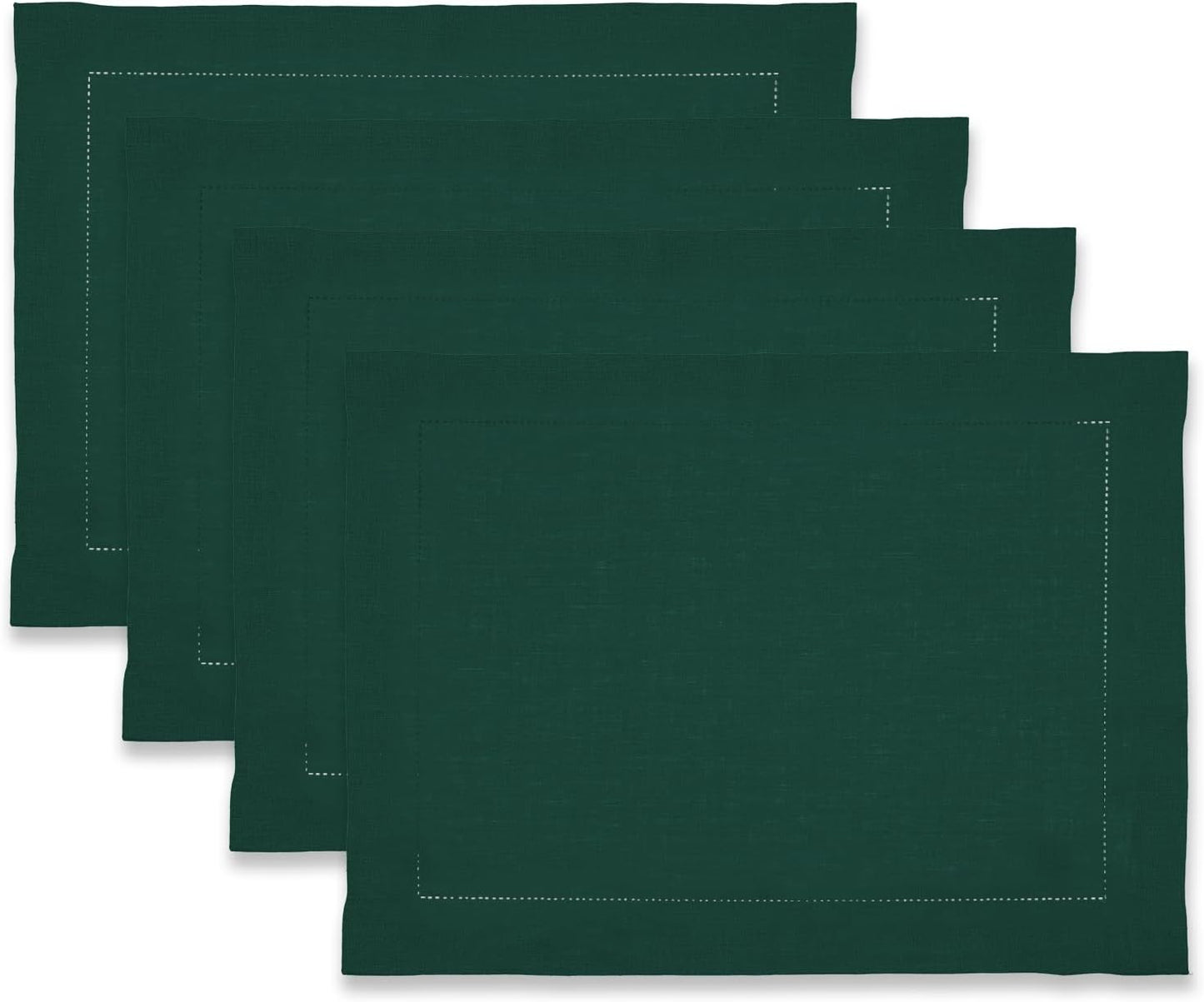 100% Pure Linen Green Placemats 14 x 19 Inch - Hemstitch Christmas Placemats Set of 4 – Elegant Cloth Fabric Table Mats for Winter, Thanksgiving & New Year Décor – Elara Collection