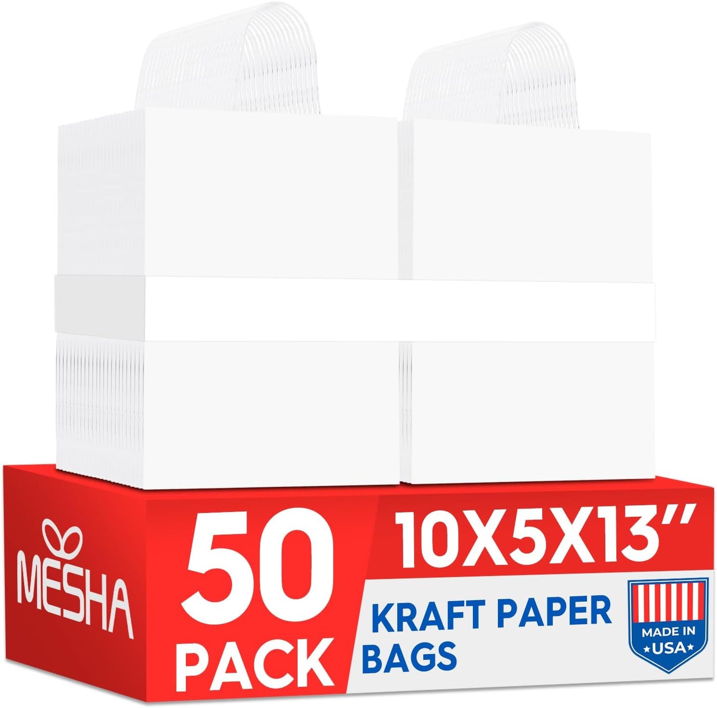 MESHA White Paper Bags whit Handles 10x5x13 Inch 50 Pack, Large Kraft Paper Gift Bags with Handles Bulk for Small Business, Shopping, Party