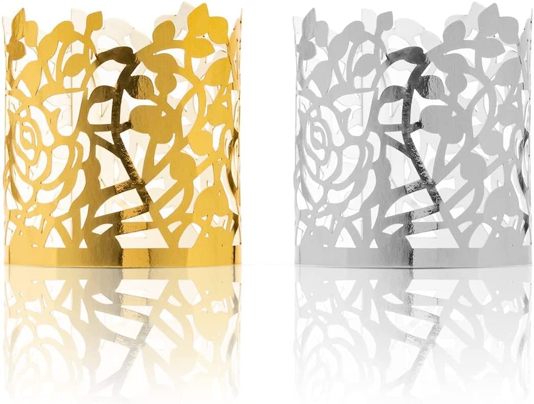 100pcs Disposable Rose Flower Paper Napkin Rings Laser Cut Foil Paper Napkin Holder, Leaf Vine Serviette Rings for Table Decoration,Christmas,Wedding,Party (Silver) (Pack of 2)