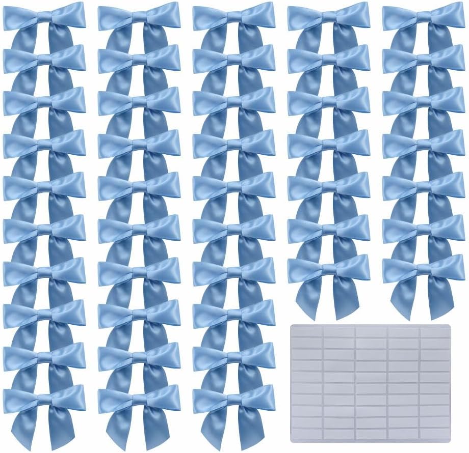 2.5" Hgzgch Light Blue Satin Ribbon Bow for Gift Wrapping, Premade Bows for Crafts, Cake, Party Favors, Handmade Bows with Double-Sided Tape, Self Adhesive Gift Bows for Presents, Treats - 50pcs