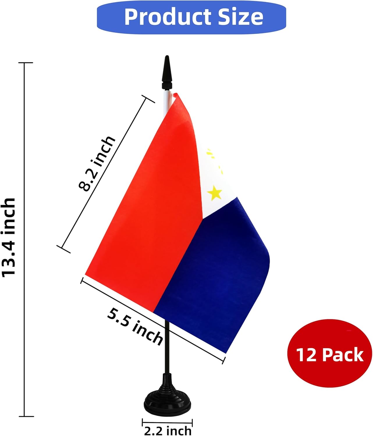 Philippines Desk Flag, 12 Pack Filipino Table Office Flag with Black Solid Pole and Stand Base, International Country Flag, Festival Celebration, Classroom Meeting Desktop Decor (Philippines)
