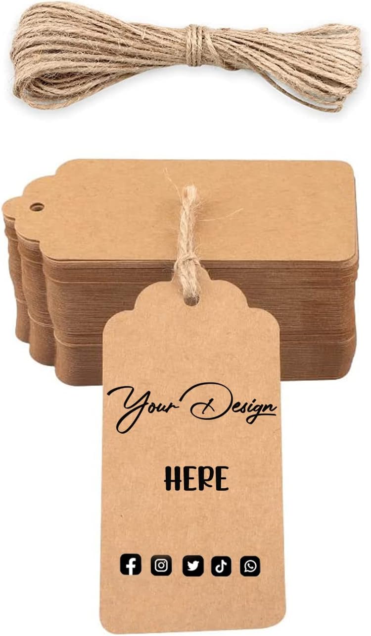 Custom Hang Tags, Personalized Logo Text Price Tags Kraft & Paper Gift Tags with Jute for Jewelry Crafts Wedding Birthday Celebrating Christmas Day Thanksgiving, 100 Pack (1.7x2.79 INCHES)