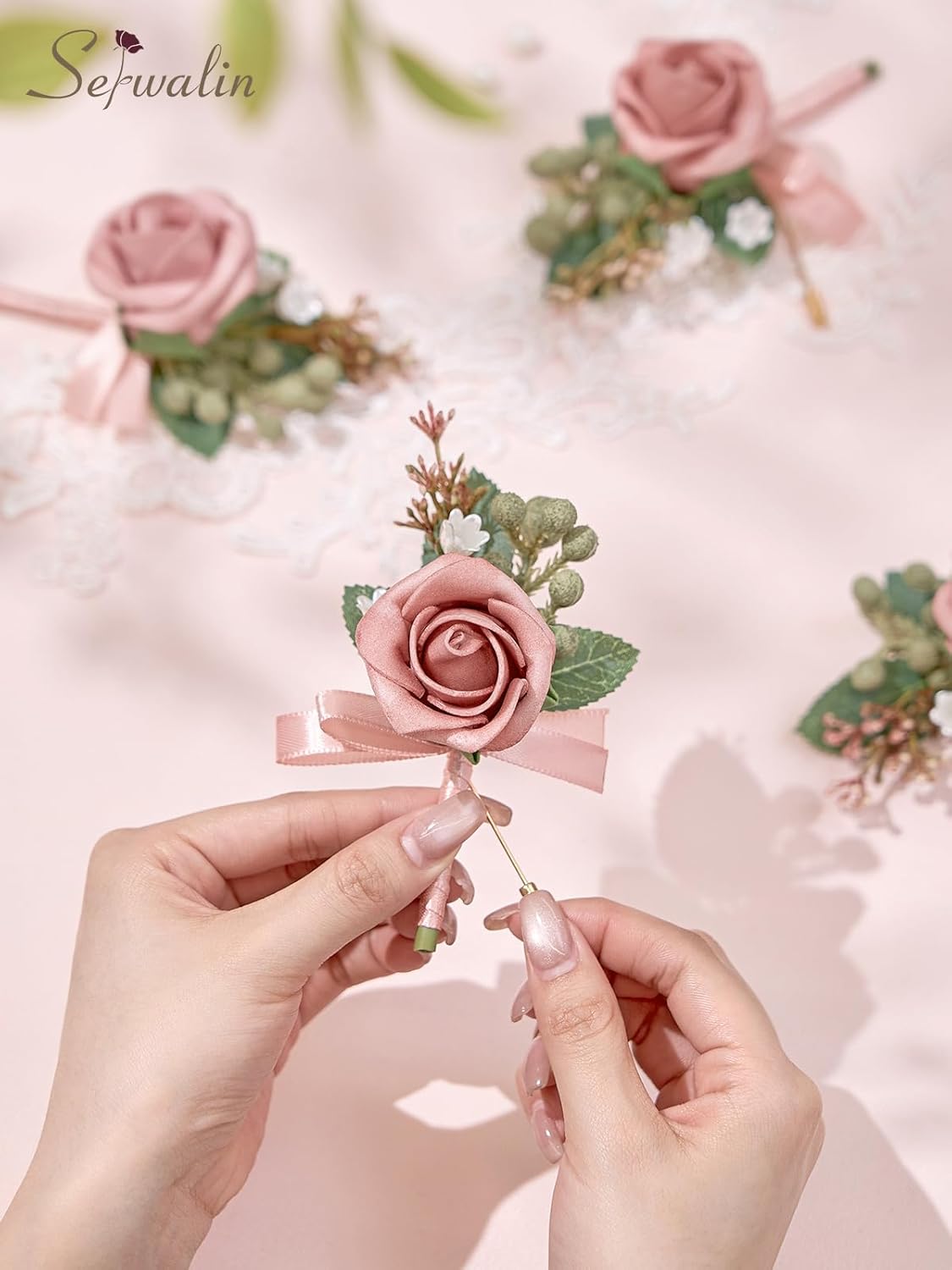 Serwalin 10Pcs Boutonniere for Men, Pink Groom and Best Man Boutonniere, Artificial Flowers for Wedding Decor, Prom, Homecoming, Ceremony Anniversary, Formal Dinner Party