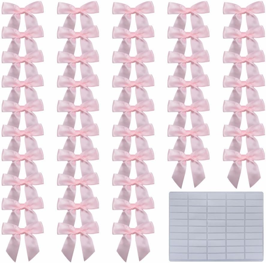 2.5" Hgzgch Light Pink Satin Ribbon Bow for Gift Wrapping, Premade Bows for Crafts, Cake, Party Favors, Handmade Bows with Double-Sided Tape, Self Adhesive Gift Bows for Presents, Treats- 50pcs