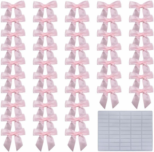 2.5" Hgzgch Light Pink Satin Ribbon Bow for Gift Wrapping, Premade Bows for Crafts, Cake, Party Favors, Handmade Bows with Double-Sided Tape, Self Adhesive Gift Bows for Presents, Treats- 50pcs