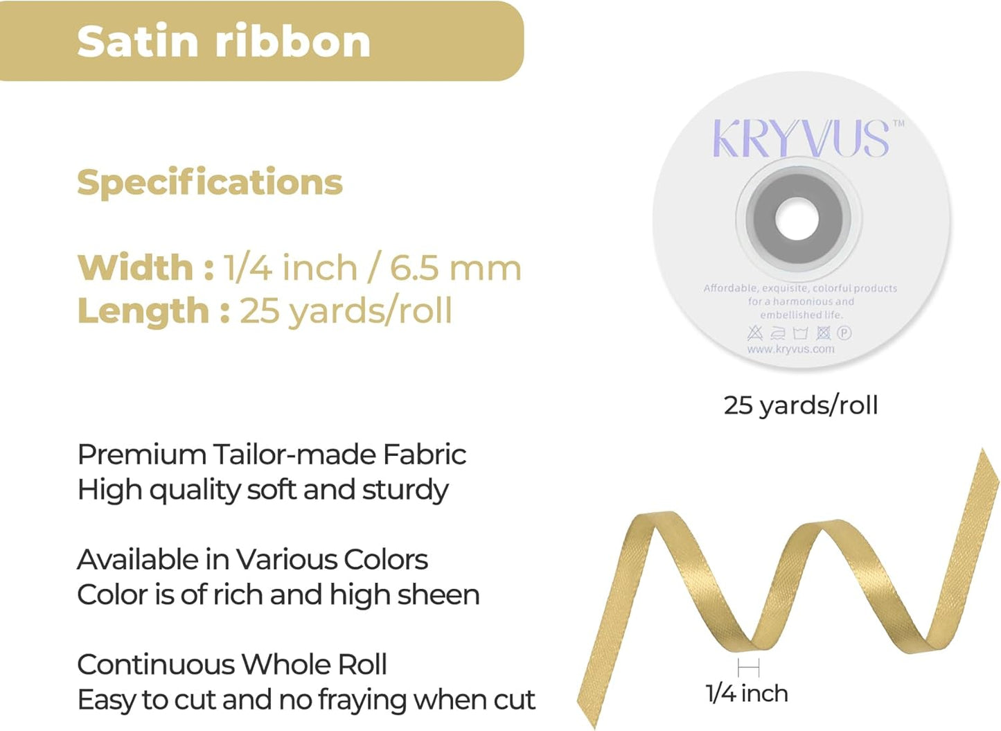 Light Gold Satin Ribbon 1/4 inch X Continuous 25 Yards, Single Face Polyester Ribbon Perfect for Gift Wrapping, Flower Bouquet, Wedding Decor, Crafts, Bow Making, Sewing and More