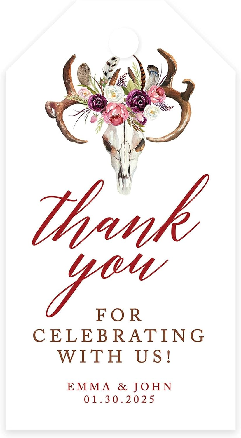 Andaz Press 100-Pack Personalized Thank You for Celebrating with Us Wedding Favor Tags with Bakers Twine Boho Rustic Floral Antlers Custom Cardstock Wedding Gift Tags for Party Favors 2 x 3.75-Inches