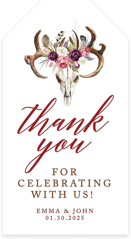 Andaz Press 100-Pack Personalized Thank You for Celebrating with Us Wedding Favor Tags with Bakers Twine Boho Rustic Floral Antlers Custom Cardstock Wedding Gift Tags for Party Favors 2 x 3.75-Inches